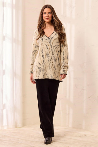 Fuzzy Animal Print Long-Sleeve V-Neck Sweater-Dullgold