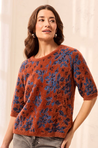 Fuzzy Embroidered Elbow Sleeve Knit Top-Maple
