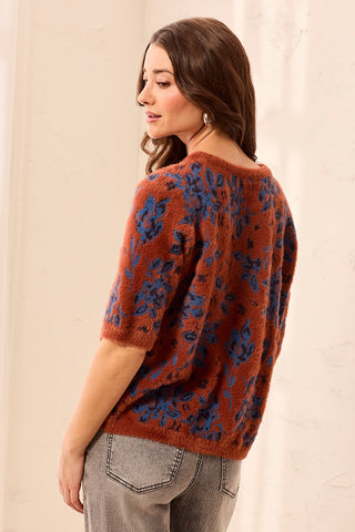 Fuzzy Embroidered Elbow Sleeve Knit Top-Maple
