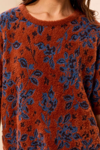 Fuzzy Embroidered Elbow Sleeve Knit Top-Maple