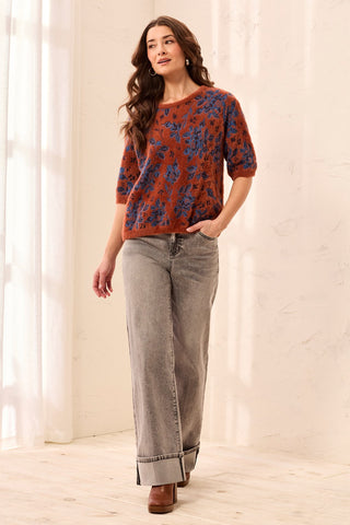 Fuzzy Embroidered Elbow Sleeve Knit Top-Maple