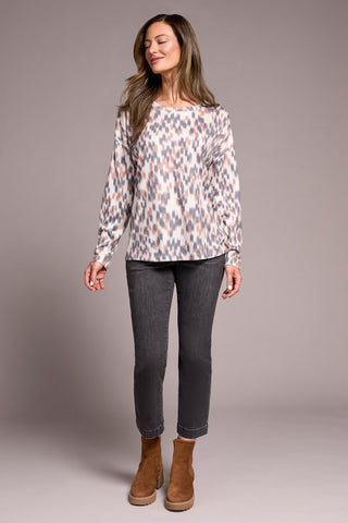 Fuzzy Soft Crew Neck Combo Print Knit Top-Almondlatte