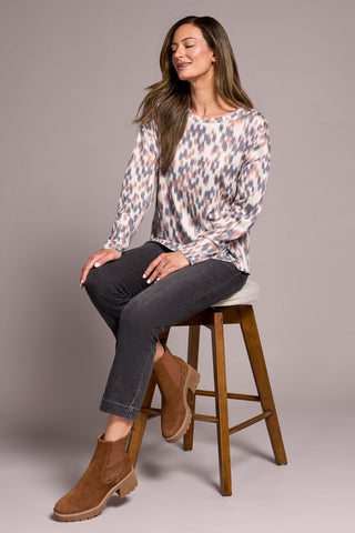 Fuzzy Soft Crew Neck Combo Print Knit Top-Almondlatte