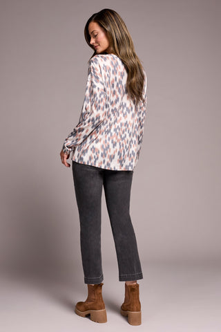 Fuzzy Soft Crew Neck Combo Print Knit Top-Almondlatte