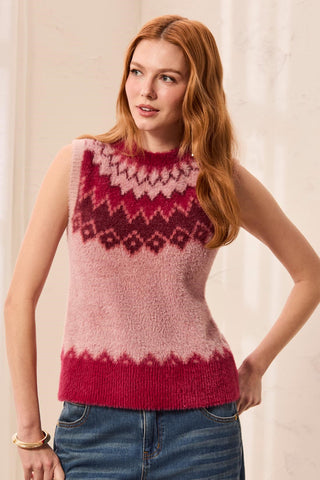 Fuzzy Soft-Knit Fair Isle Sweater Vest-Pinkfrost