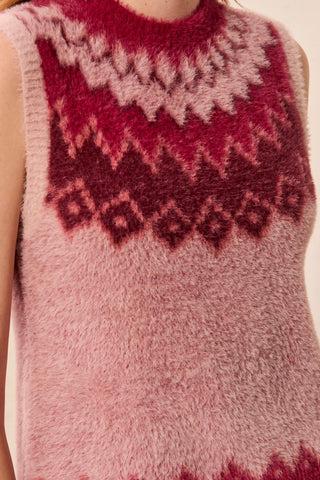 Fuzzy Soft-Knit Fair Isle Sweater Vest-Pinkfrost