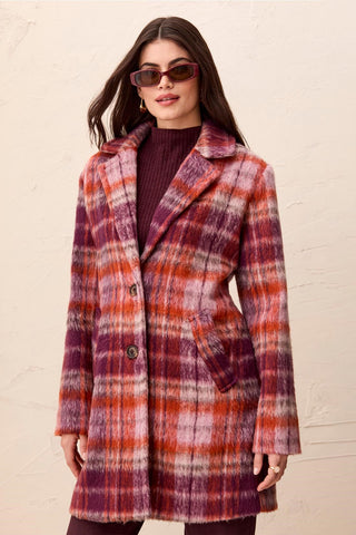 Fuzzy Textured Single Breasted Plaid Coat-Fudge