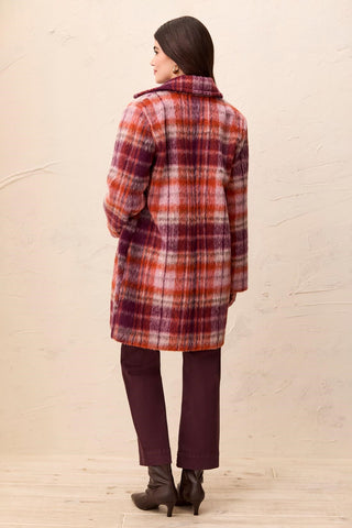 Fuzzy Textured Single Breasted Plaid Coat-Fudge