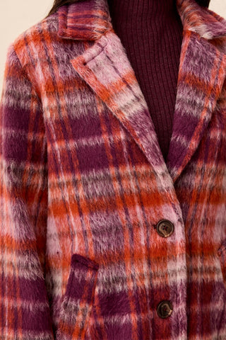 Fuzzy Textured Single Breasted Plaid Coat-Fudge