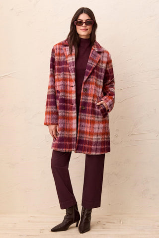 Fuzzy Textured Single Breasted Plaid Coat-Fudge