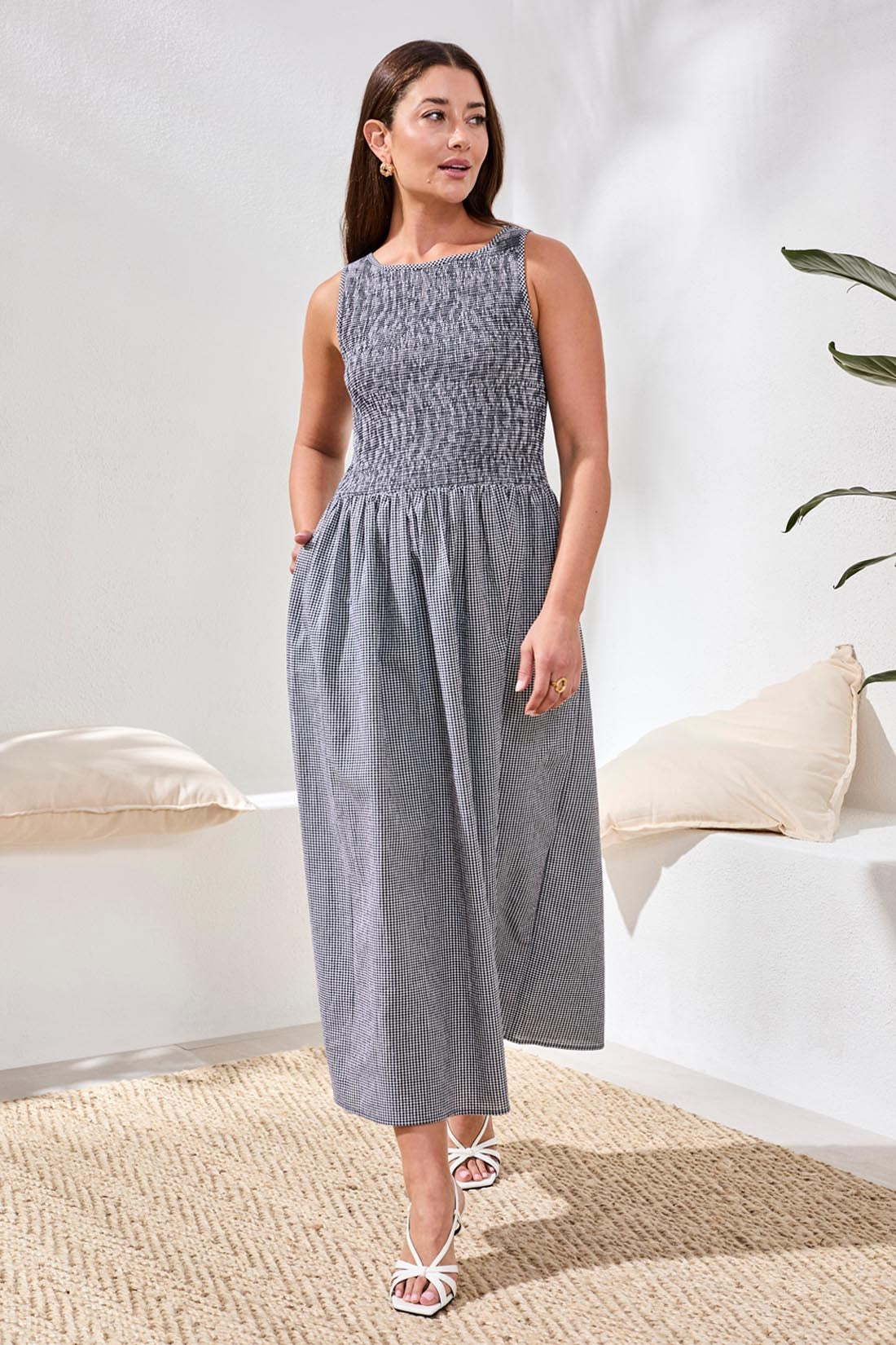 Gingham Smocked-Bodice Maxi Dress-Black – Tribal® Fashion