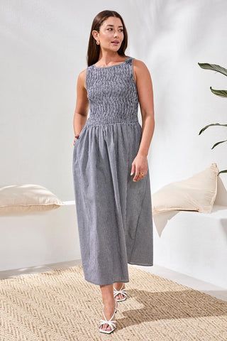Gingham Smocked-Bodice Maxi Dress-Black