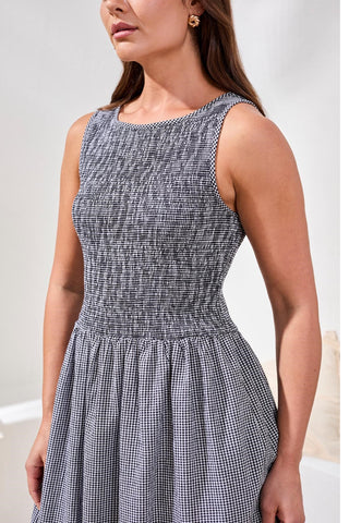 Gingham Smocked-Bodice Maxi Dress-Black