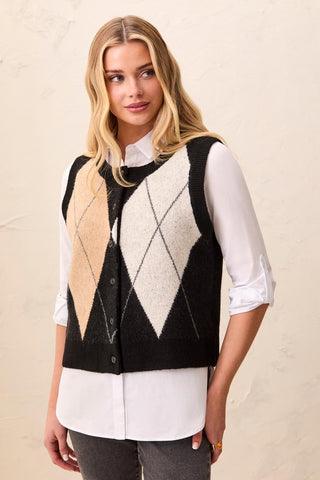 Gilet Sans Manches Boutonné En Maille À Motifs De Losanges-Noir