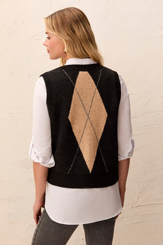 Gilet Sans Manches Boutonné En Maille À Motifs De Losanges-Noir