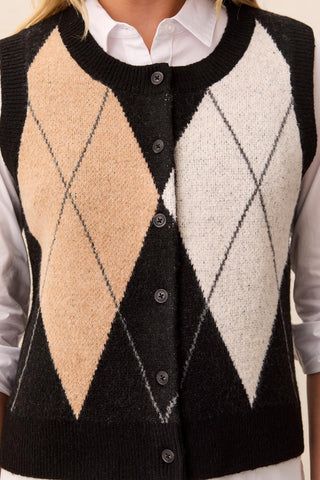 Gilet Sans Manches Boutonné En Maille À Motifs De Losanges-Noir