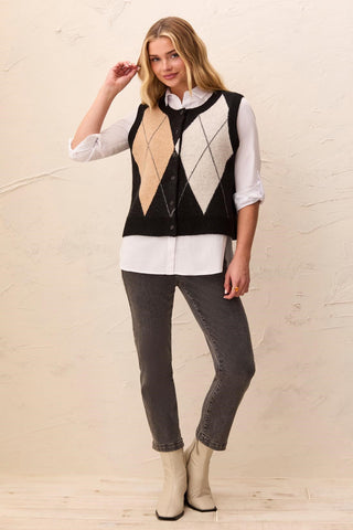 Gilet Sans Manches Boutonné En Maille À Motifs De Losanges-Noir