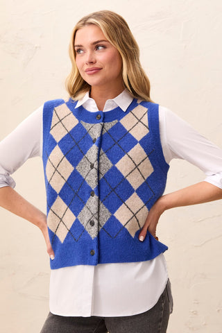Intarsia Knit Button-Front Sweater Vest-Cobalt