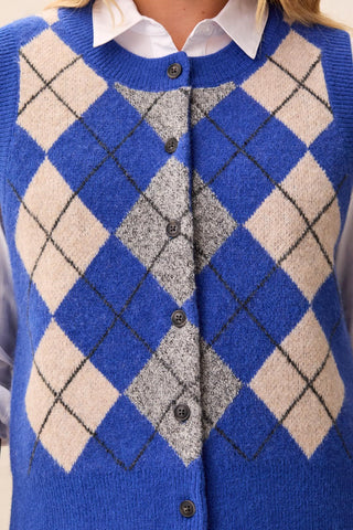 Intarsia Knit Button-Front Sweater Vest-Cobalt