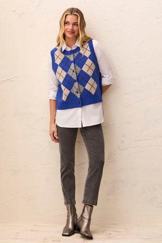 Intarsia Knit Button-Front Sweater Vest-Cobalt