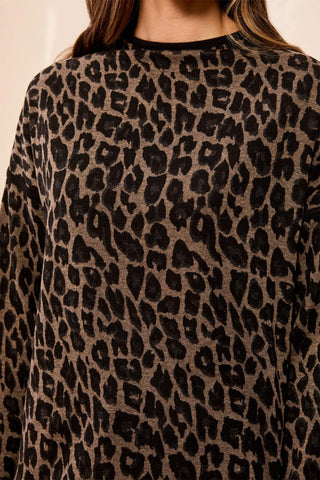 Jacquard Brushed Knit Mock Neck Drop Shoulder Top-Charcoal