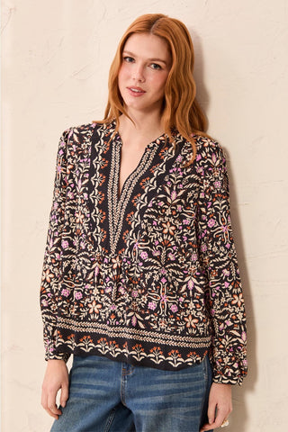 Blouse En Jacquard Imprimé À Manches Longues Et Taille Empire-Noir