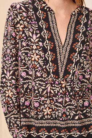 Blouse En Jacquard Imprimé À Manches Longues Et Taille Empire-Noir