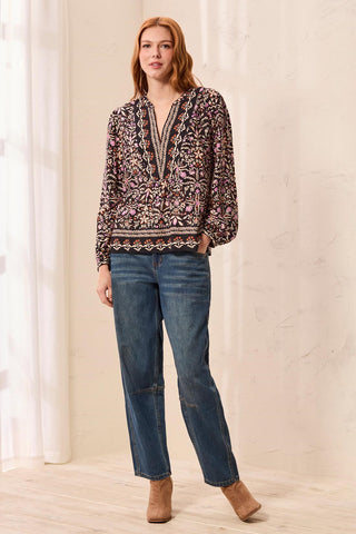 Blouse En Jacquard Imprimé À Manches Longues Et Taille Empire-Noir