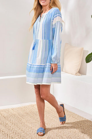Jacquard Tiered Dress With Balloon Sleeves and Drawcord Neckline-Sky