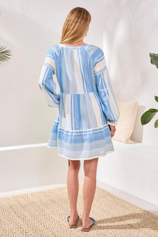 Jacquard Tiered Dress With Balloon Sleeves and Drawcord Neckline-Sky