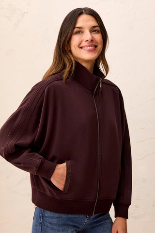 Knit Bomber Jacket With Zip Front & Faux Leather Trim Detail-Saddlebrown