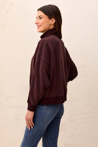 Knit Bomber Jacket With Zip Front & Faux Leather Trim Detail-Saddlebrown