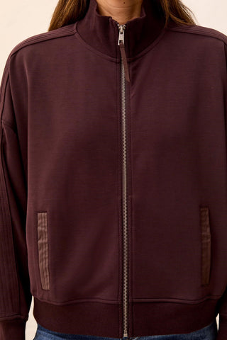 Knit Bomber Jacket With Zip Front & Faux Leather Trim Detail-Saddlebrown