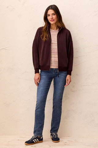 Knit Bomber Jacket With Zip Front & Faux Leather Trim Detail-Saddlebrown