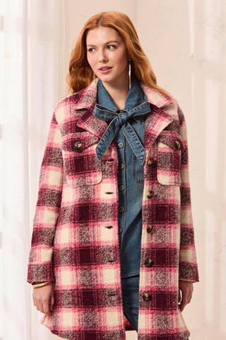 Veste-Chemise À Col Échancré En Tricot Écossais-Cerise
