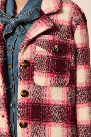 Veste-Chemise À Col Échancré En Tricot Écossais-Cerise