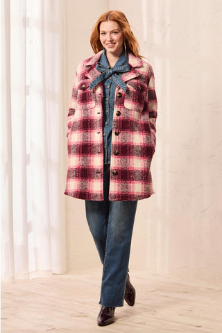 Veste-Chemise À Col Échancré En Tricot Écossais-Cerise