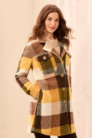 Knit Plaid Notch Collar Buttoned Shacket-Hazelwood