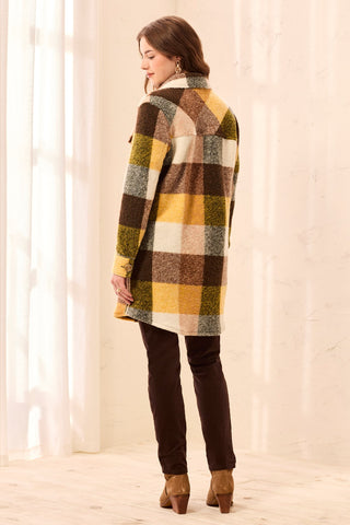 Knit Plaid Notch Collar Buttoned Shacket-Hazelwood