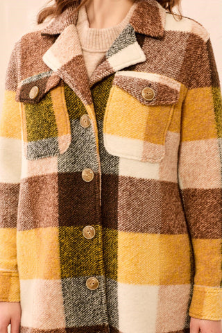 Knit Plaid Notch Collar Buttoned Shacket-Hazelwood