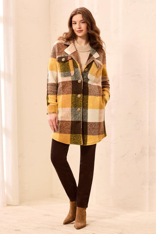 Knit Plaid Notch Collar Buttoned Shacket-Hazelwood