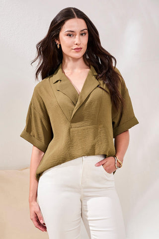 Blouse Airflow à Col à Revers Drapé-Forêt tropicale