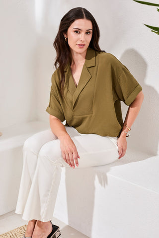 Blouse Airflow à Col à Revers Drapé-Forêt tropicale