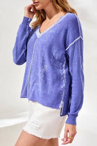 Lightweight Cotton V-Neck Sweater With Special Wash-Baja blue