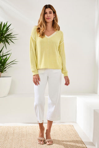 Lightweight Cotton V-Neck Sweater With Special Wash-Lemongrass
