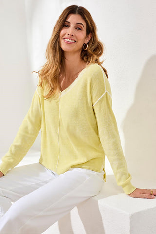 Lightweight Cotton V-Neck Sweater With Special Wash-Lemongrass