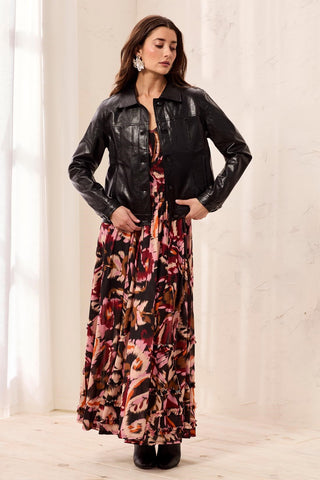 Lined Faux Leather Button Front Jacket-Black