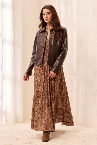 Lined Faux Leather Button Front Jacket-Darkchocolate