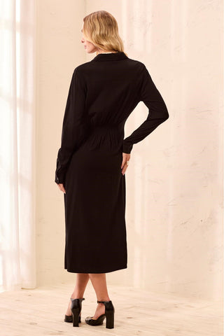 Little Black Button-Front Faux Wrap Midi Dress-Black