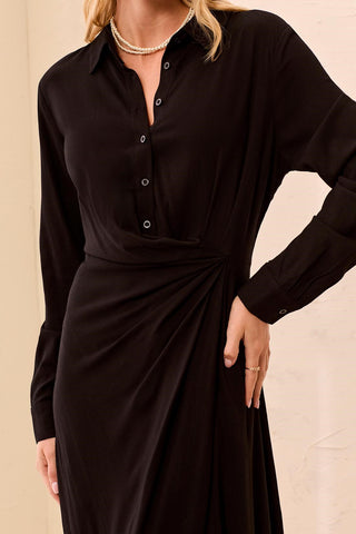 Little Black Button-Front Faux Wrap Midi Dress-Black